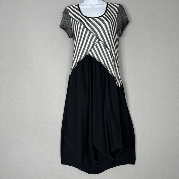 Deca Paris Womens Dress 3/US 10 Black Midi Striped Layered Lagenlook Artsy Funky - Picture 1 of 13